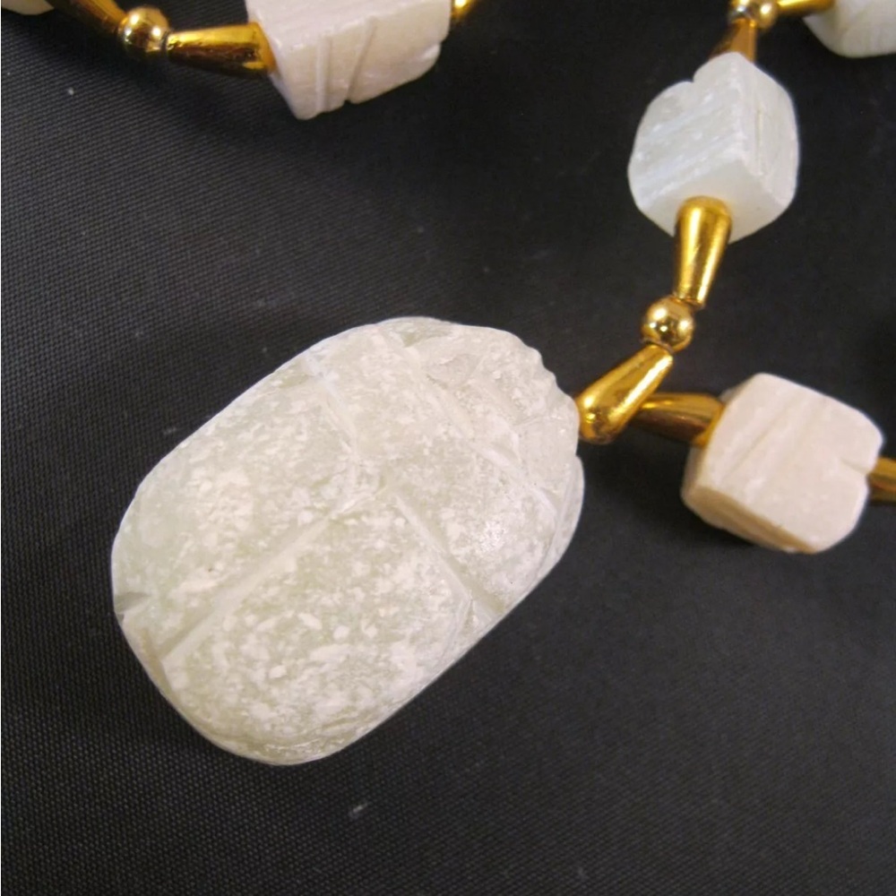 Vintage Egyptian Revival Scarab Hand Carved Soapstone Necklace 26" Jewelry